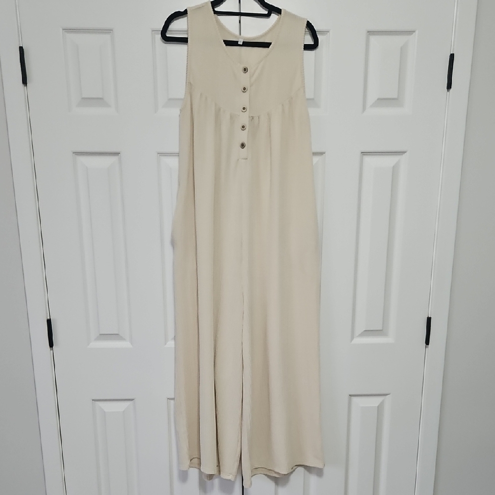 Cream Sleeveless Button-Front Ribbed Jumpsuit Romper Womens L EUC
